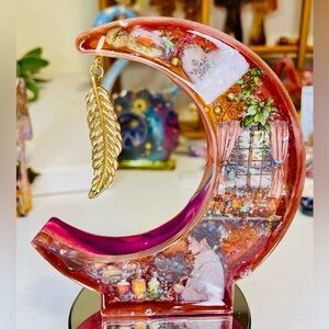 Handmade Cozy Crescent Moon Resin Art with Gold feather Charm